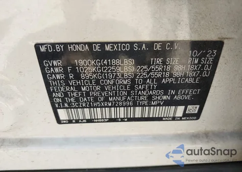 2024 Honda Hr-V Sport z USA, uszkodzony, nr VIN 3CZRZ1H5XRM728996